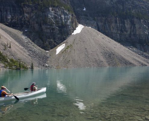 Talus cone and glacial lake. Moraine Lake, Banff National Park,